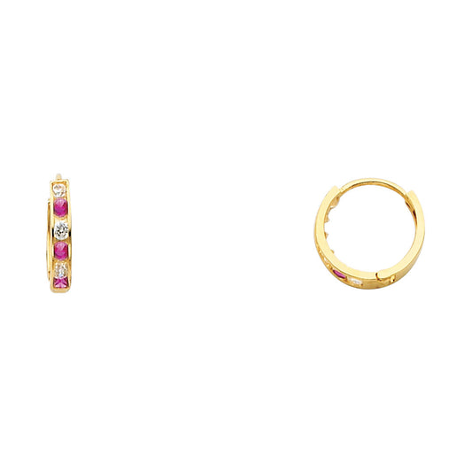 14k Yellow Gold Huggie Hoop Classic Circle Earrings Clear CZ Pink CZ