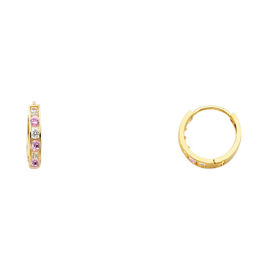 14k Yellow Gold Simple Studded Hoop Huggie Earrings