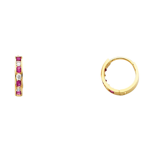 14k Yellow Gold Huggie Hoop Circle Classic Earrings Clear CZ Ruby CZ