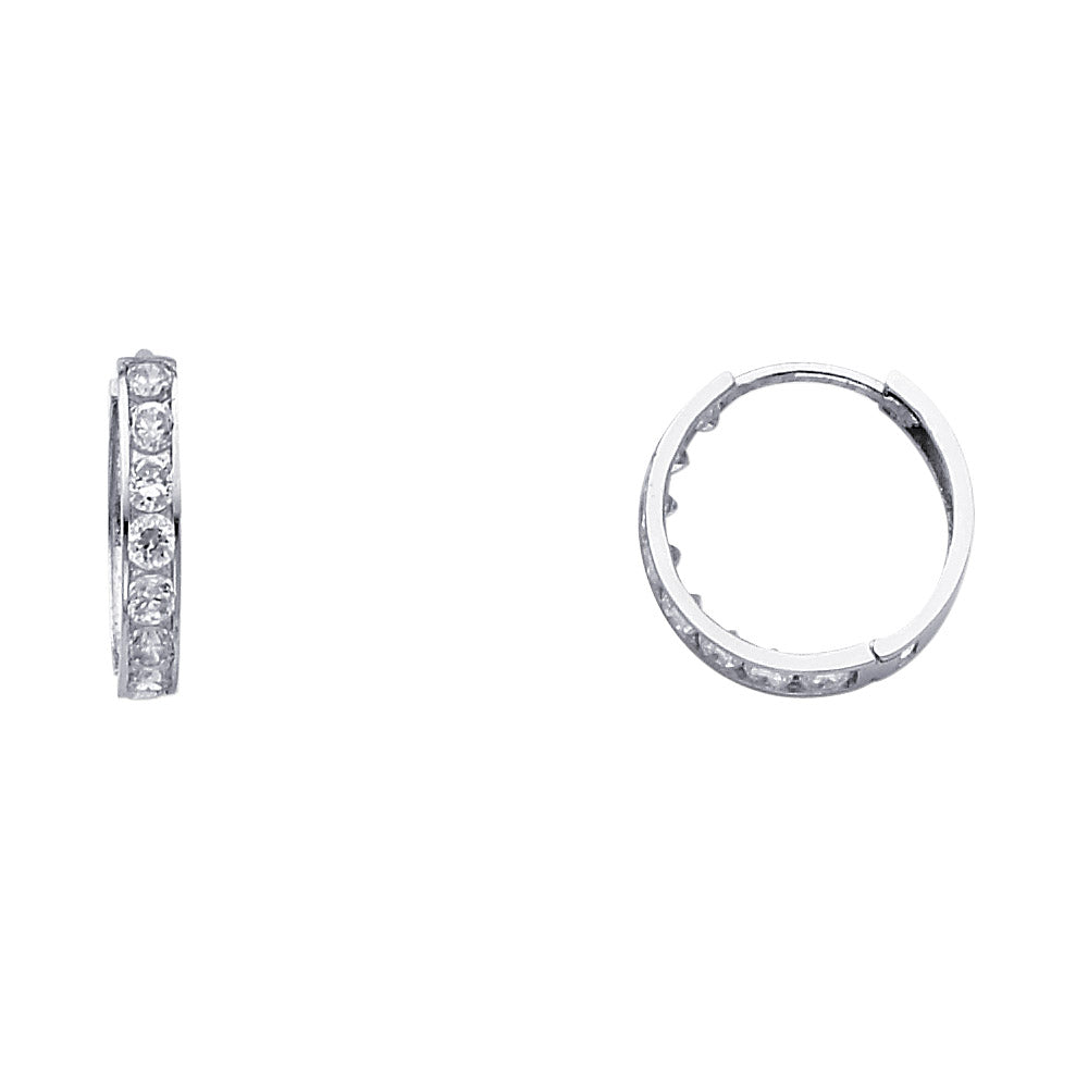 14k White Gold Simple Studded Hoop Huggie Round Earrings