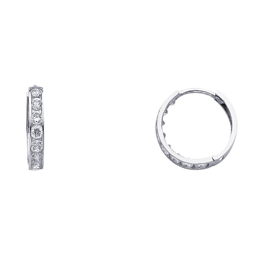 14k White Gold Simple Studded Hoop Huggie Round Earrings