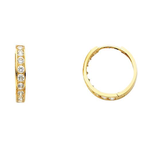 14k Yellow Gold High Polish Huggie Hoop Studded Ornate Classic Earrings