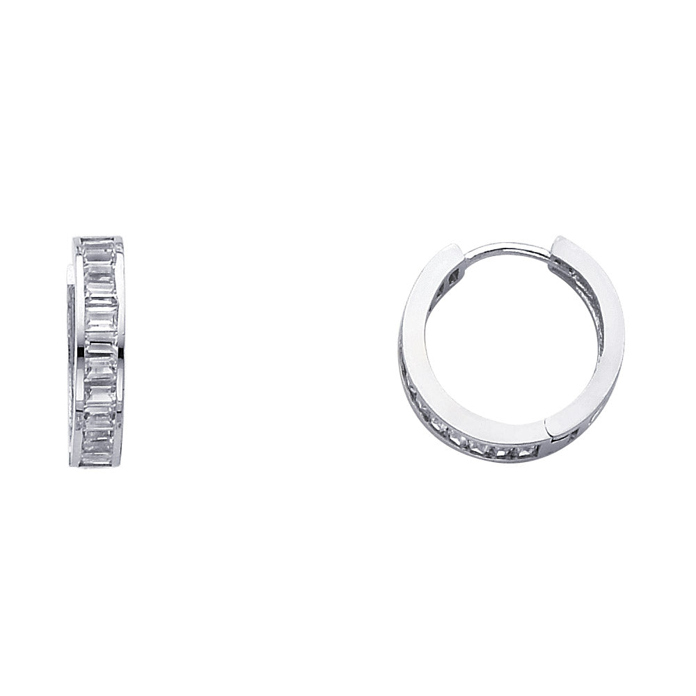 14k White Gold Simple Vintage Hoop Huggie Studded High Polish Earrings