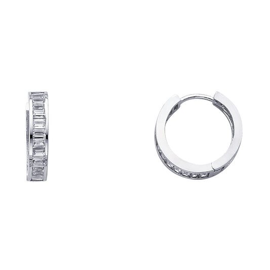 14k White Gold Simple Vintage Hoop Huggie Studded High Polish Earrings