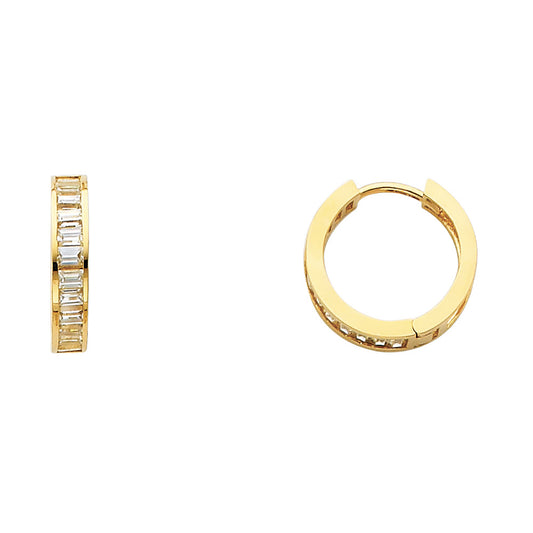14k Yellow Gold Simple Huggie Hoop Linear Studded Classic Earrings