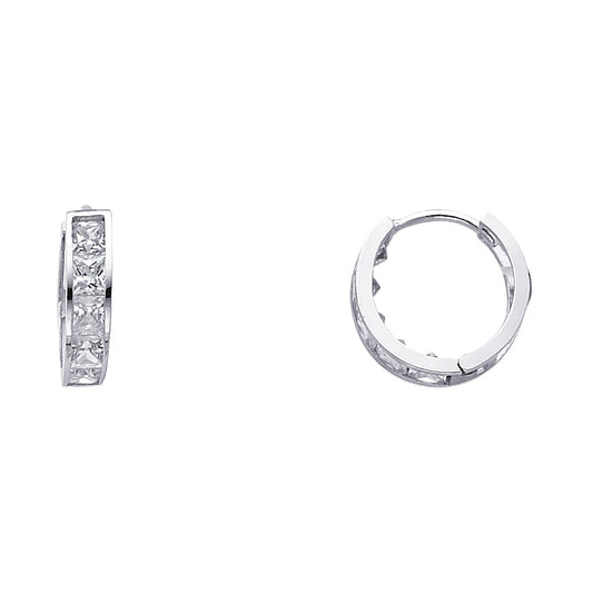 14k White Gold Studded Huggie Hoop Elegant Classic Earrings