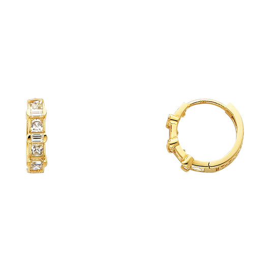 14k Yellow Gold Simple Studded Hoop Huggie Hoop Geometric Rectangle Earrings
