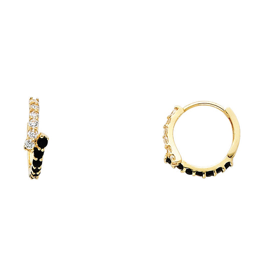 14k Yellow Gold Asymmetrical Hoop Huggie Black and White Modern Earrings