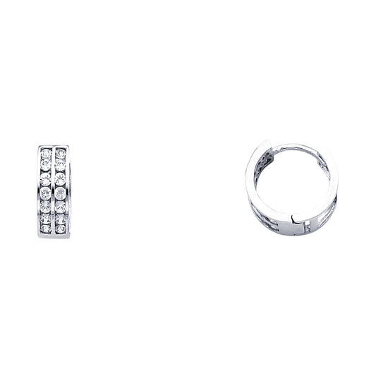 14k White Gold Simple Double Studded Huggie Hoop Round Earrings