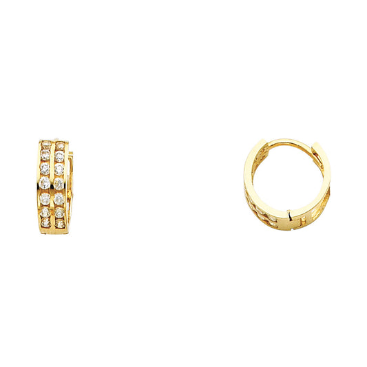 14k Yellow Gold Simple Studded Double Huggie Hoop Elegant Modern Earrings
