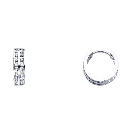 14k White Gold Studded Double Hoop Huggie Elegant Classic Earrings