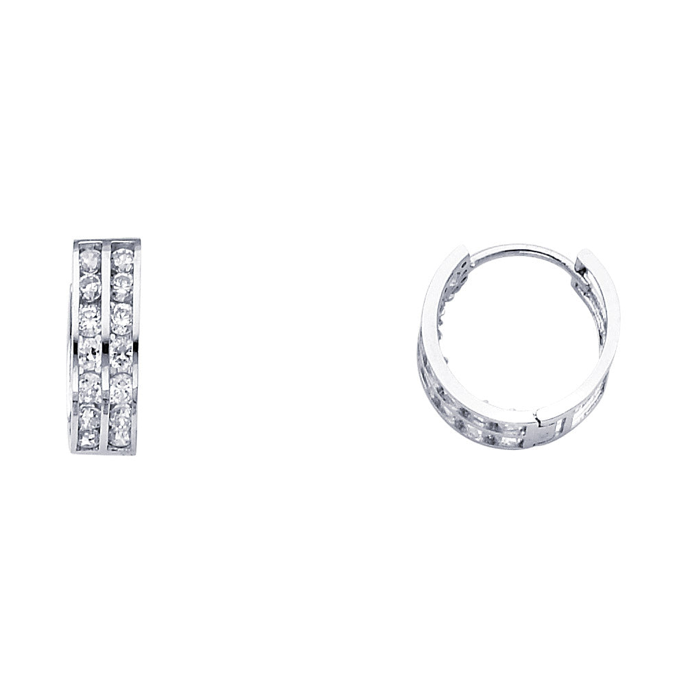 14k White Gold Elegant Studded Double Huggie Hoop Sparkly Earrings