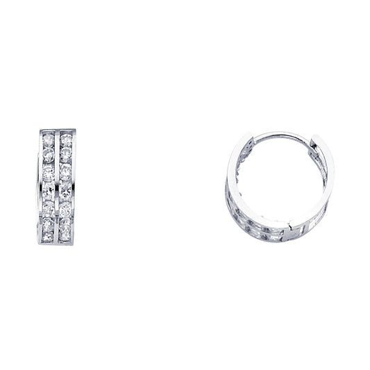 14k White Gold Elegant Studded Double Huggie Hoop Sparkly Earrings
