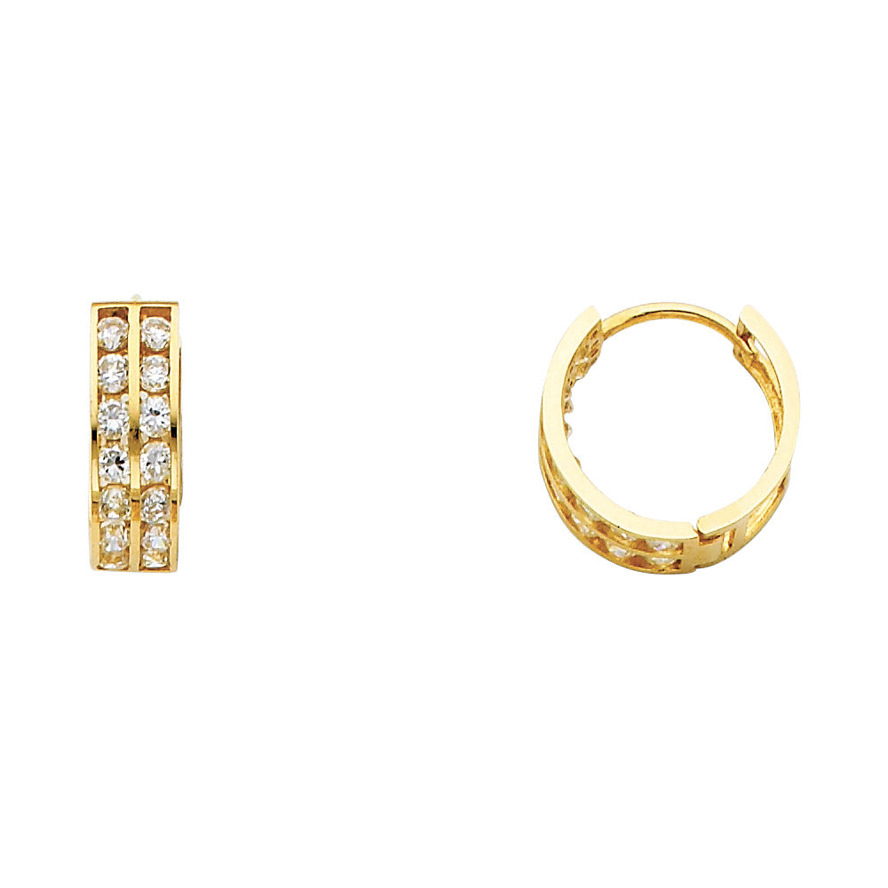14k Yellow Gold Double Studded Hoop Huggie Sparkly Elegant Earrings