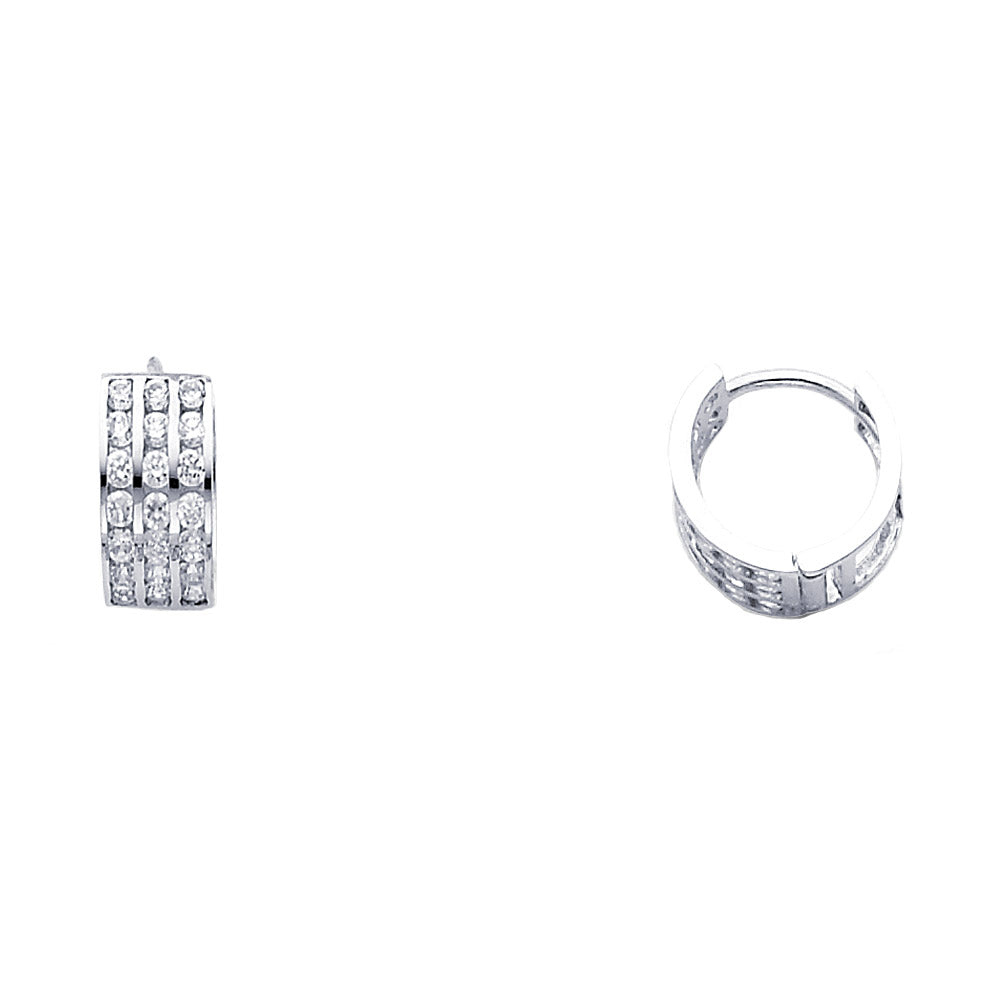 14k White Gold Triple Studded Hoop Huggie Modern Classic Earrings
