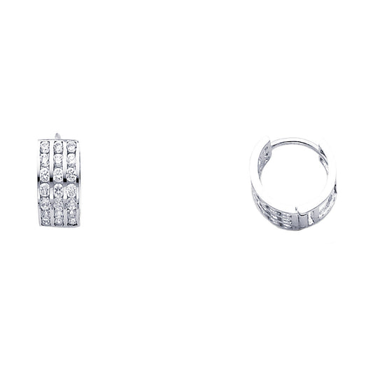 14k White Gold Triple Studded Hoop Huggie Modern Classic Earrings