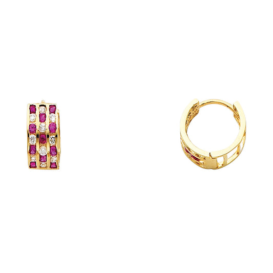 14k Yellow Gold Elegant Huggie Hoop Studded Circle Triple Shape Earrings