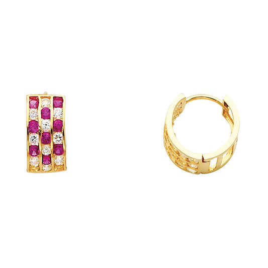 14k Yellow Gold Studded Modern Huggie Hoop Triple Circle Elegant Earrings