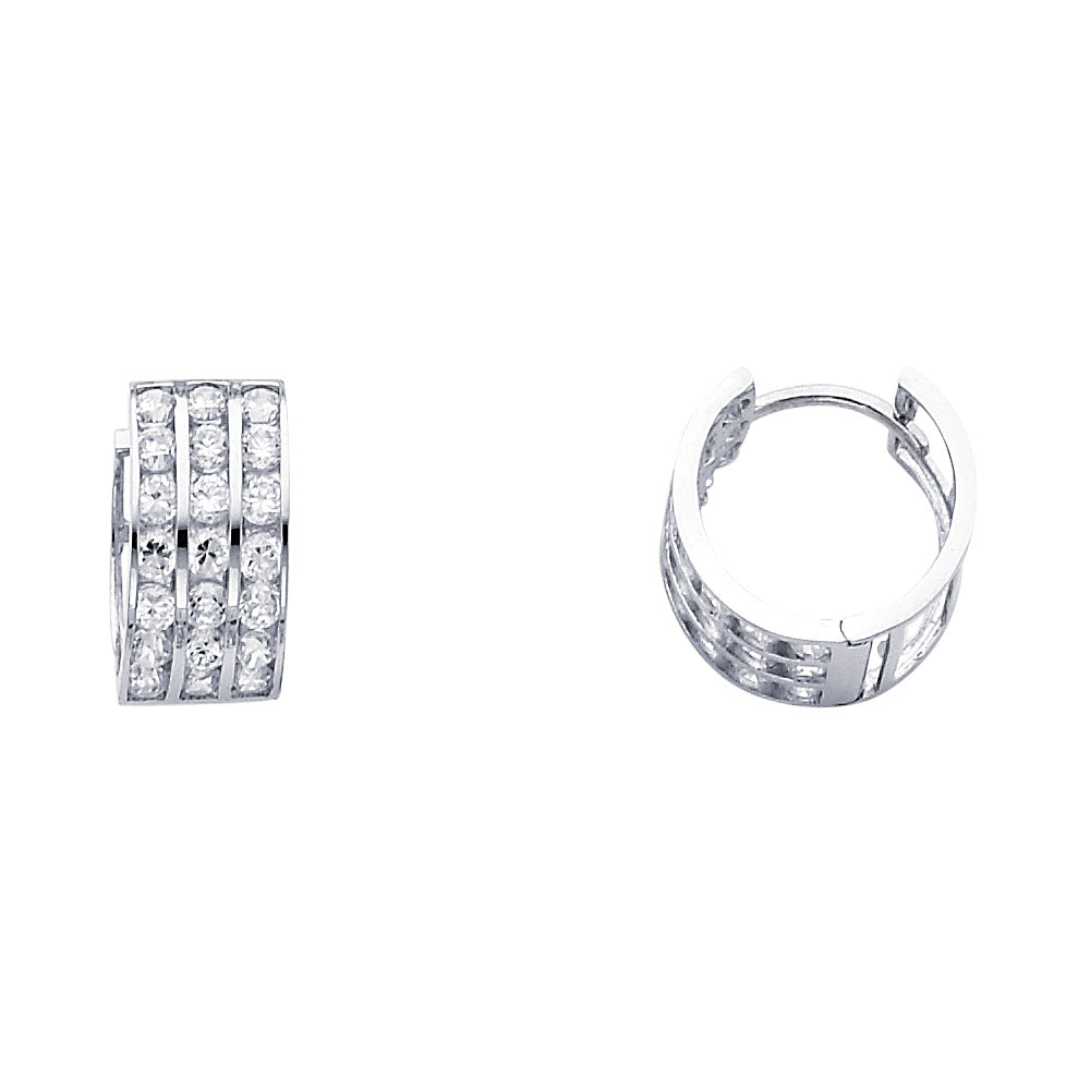 14k White Gold Triple Studded Hoop Huggie Classic Earrings