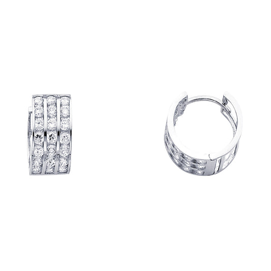 14k White Gold Triple Studded Hoop Huggie Classic Earrings