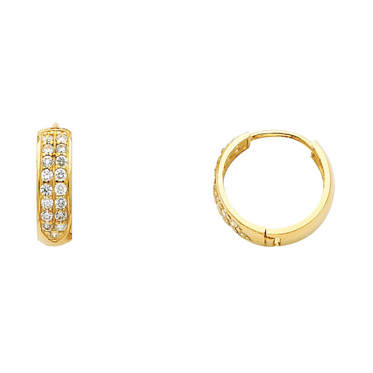 14k Yellow Gold Double Studded Huggie Hoop Classic Hinge Simple Earrings