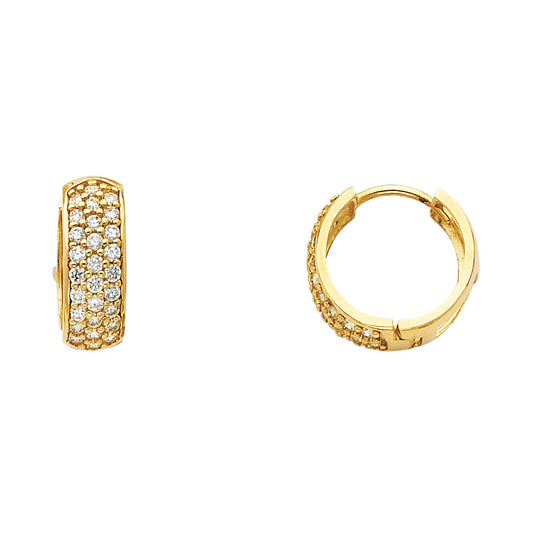 14k Yellow Gold Elegant Triple Stripe Hoop Huggie Studded Hinge Earrings
