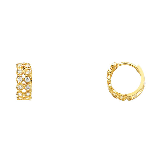 14k Yellow Gold Elegant Double Studded Hoop Huggie Hoop Hinge Earrings