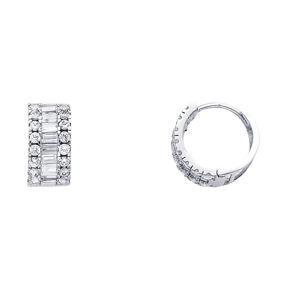 14k White Gold Studded Huggie Hoop Linear Cluster Hinge Earrings