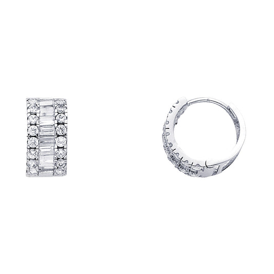 14k White Gold Studded Huggie Hoop Linear Cluster Hinge Earrings