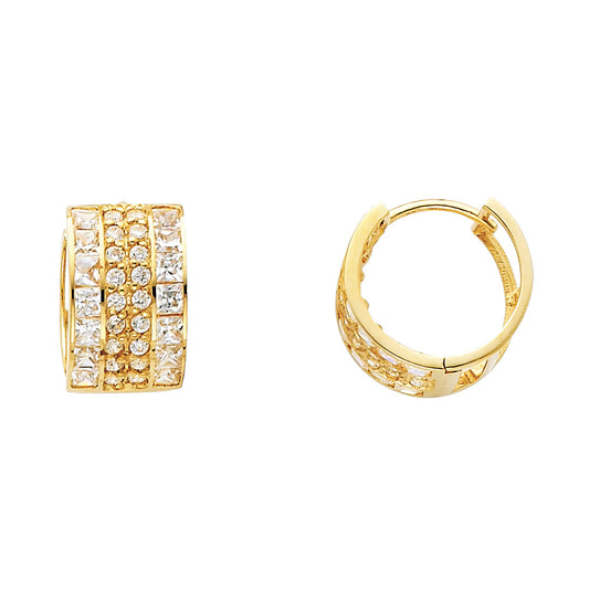 14k Yellow Gold Elegant Studded Huggie Hoop Circle Hinge Ornate Earrings