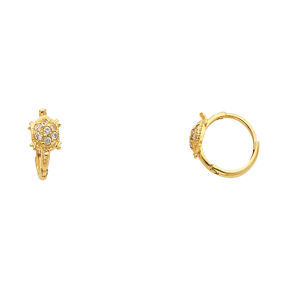 14k Yellow Gold Cute Studded Turtle Huggie Hoop Huggie Animal Ocean Earrings