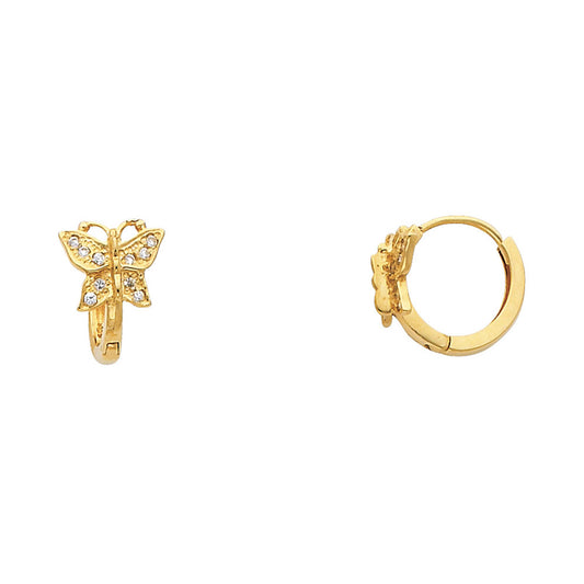 14k Yellow Gold Studded Butterfly Hoop Huggie Hoop Hinge Animal Bug Earrings