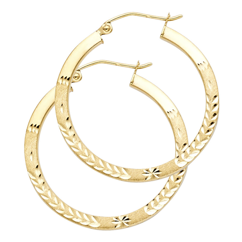 14k Yellow Gold Elegant Vintage Hoop Diamond-Cut Leaves Wheat Pattern Earrings