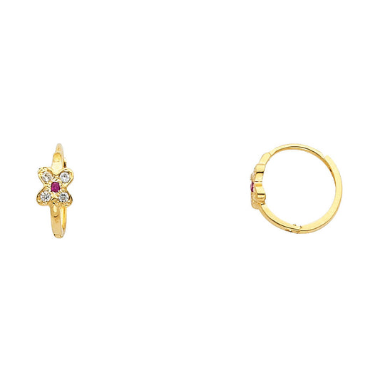 14k Yellow Gold Studded High Polish Flower Huggie Hoop Hinge Earrings