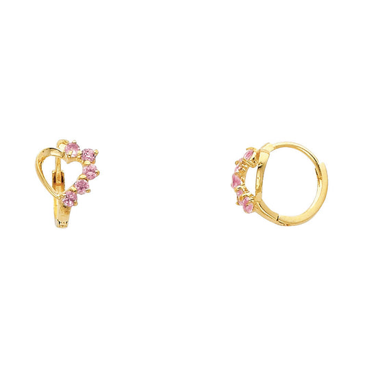 14k Yellow Gold Studded Burst Heart Huggie Hoop High Polish Promise Earrings