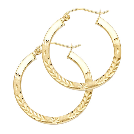 14k Yellow Gold Classic Hinge Clasp Hoop Star Design Diamond-Cut Leaf Earrings