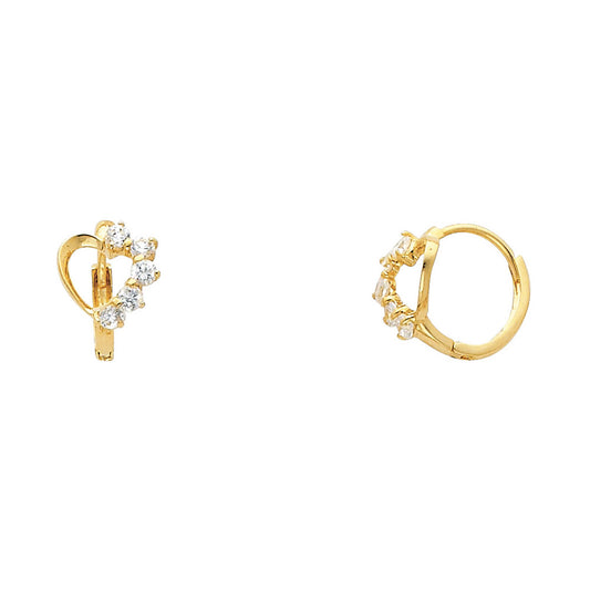 14k Yellow Gold Studded Burst Heart Huggie Hoop Huggie Hinge Promise Earrings