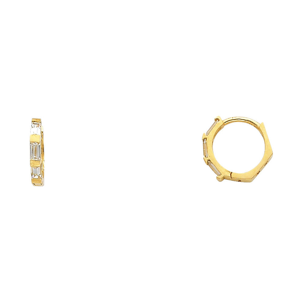 14k Yellow Gold Modern Hexagon Huggie Hoop Studded High Polish Earrings