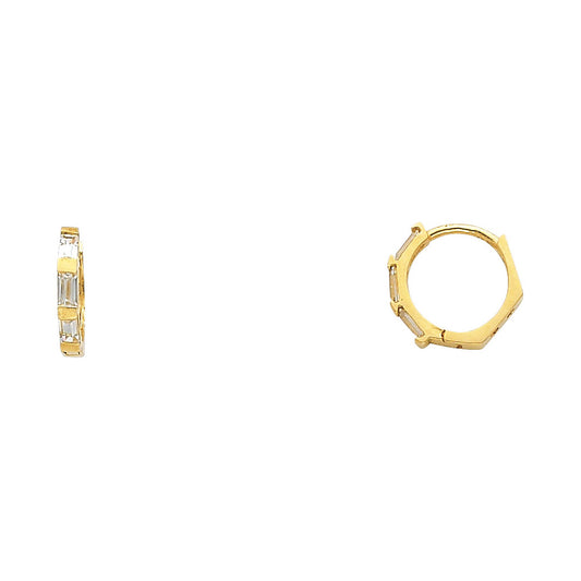 14k Yellow Gold Modern Hexagon Huggie Hoop Studded High Polish Earrings