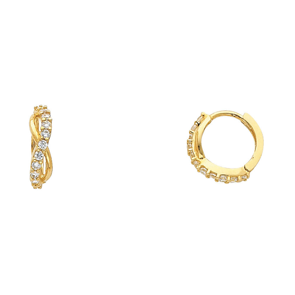 14k Yellow Gold Spiral Huggie Hoop Studded Wave Braid Earrings