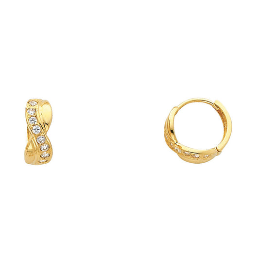 14k Yellow Gold Infinity Huggie Hoop Studded Wave Braid Circle Earrings