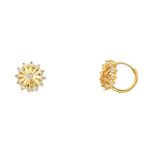 14k Yellow Gold Elegant Sun Burst Huggie Hoop Studded Flower Vintage Earrings