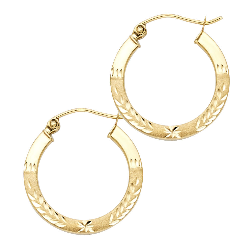14k Yellow Gold Ornate Vintage Hoop Leaf Design Satin Finish Frosted Earrings