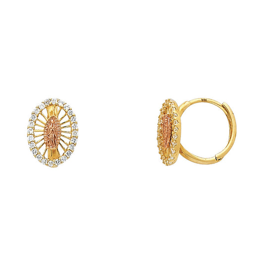 14k Yellow Gold Elegant Our Lady of Guadalupe Huggie Hoop Earrings