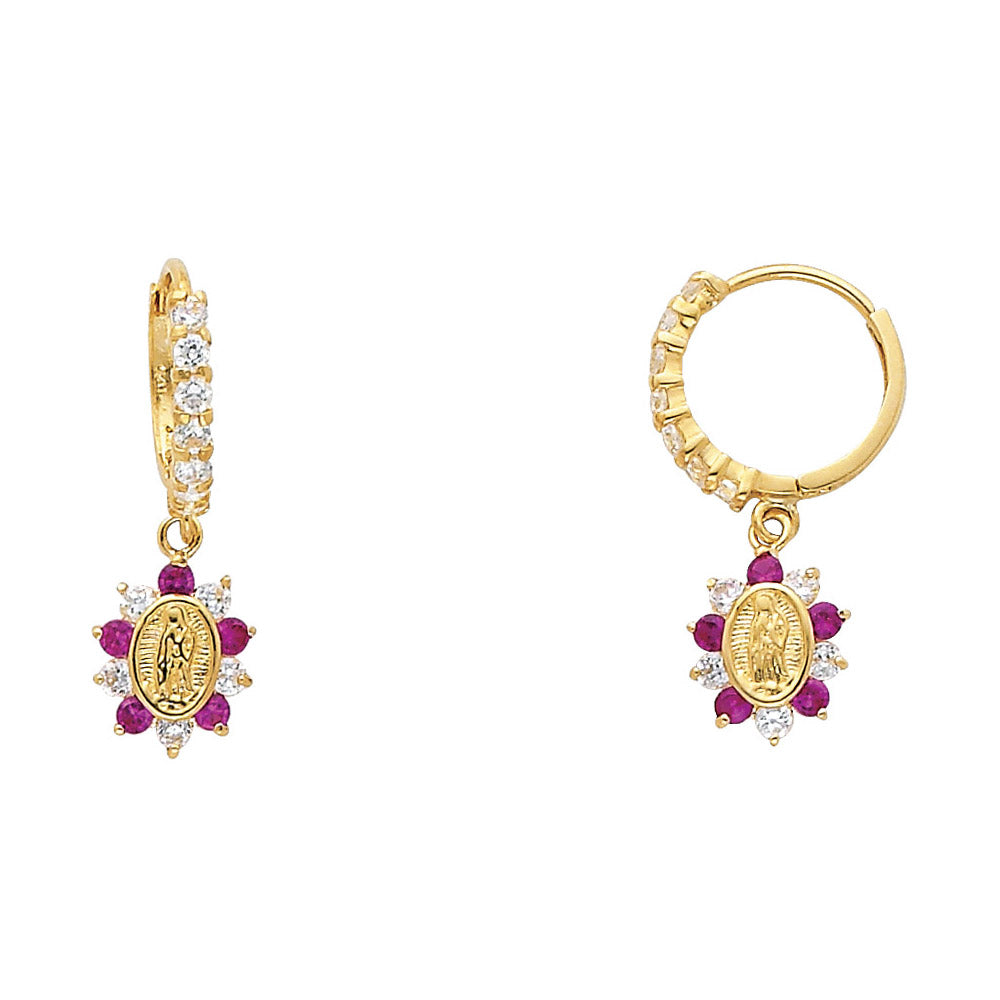 14k Yellow Gold Elegant Vintage Burst Simulated Ruby Oval Flower Hoop Earrings