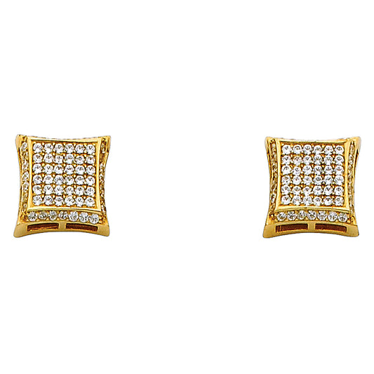 14k Yellow Gold Elegant Micro Pave Square Stud Studded Formal Pillow Earrings
