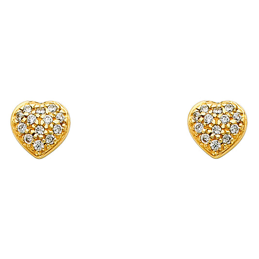 14k Yellow Gold Micro Pave Heart Stud Promise Love Romantic Gift Earrings