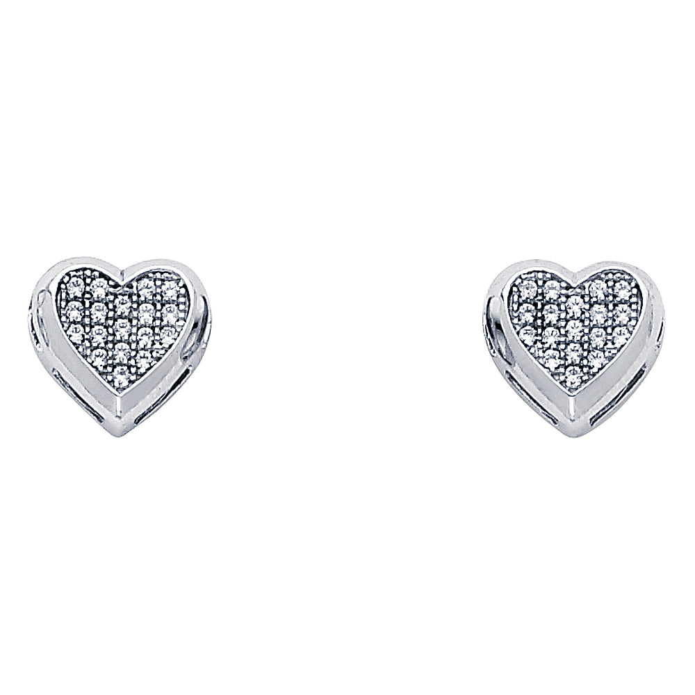 14k White Gold Micro Pave Heart Stud Love Cluster Studded Promise Earrings