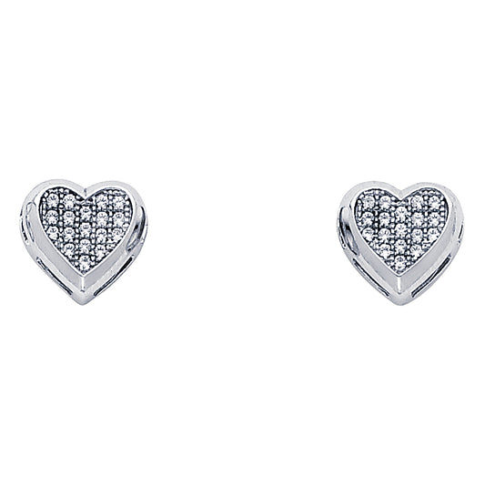 14k White Gold Micro Pave Heart Stud Love Cluster Studded Promise Earrings
