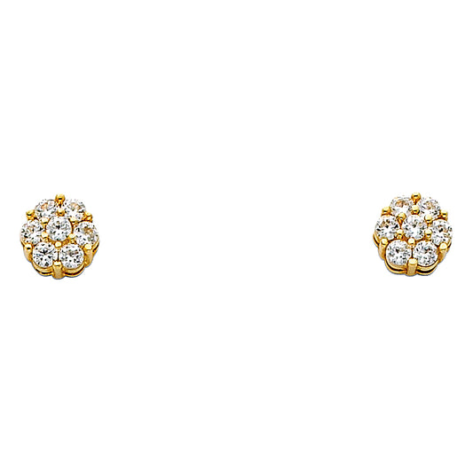 14k Yellow Gold Studded Circle Stud Cluster Micro Pave Classic Flower Earrings